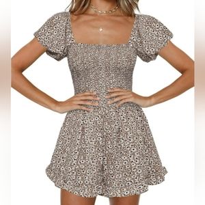 Women Floral Wide Leg Short Rompers Shirred Ruffle Sleeve Jumpsuit L